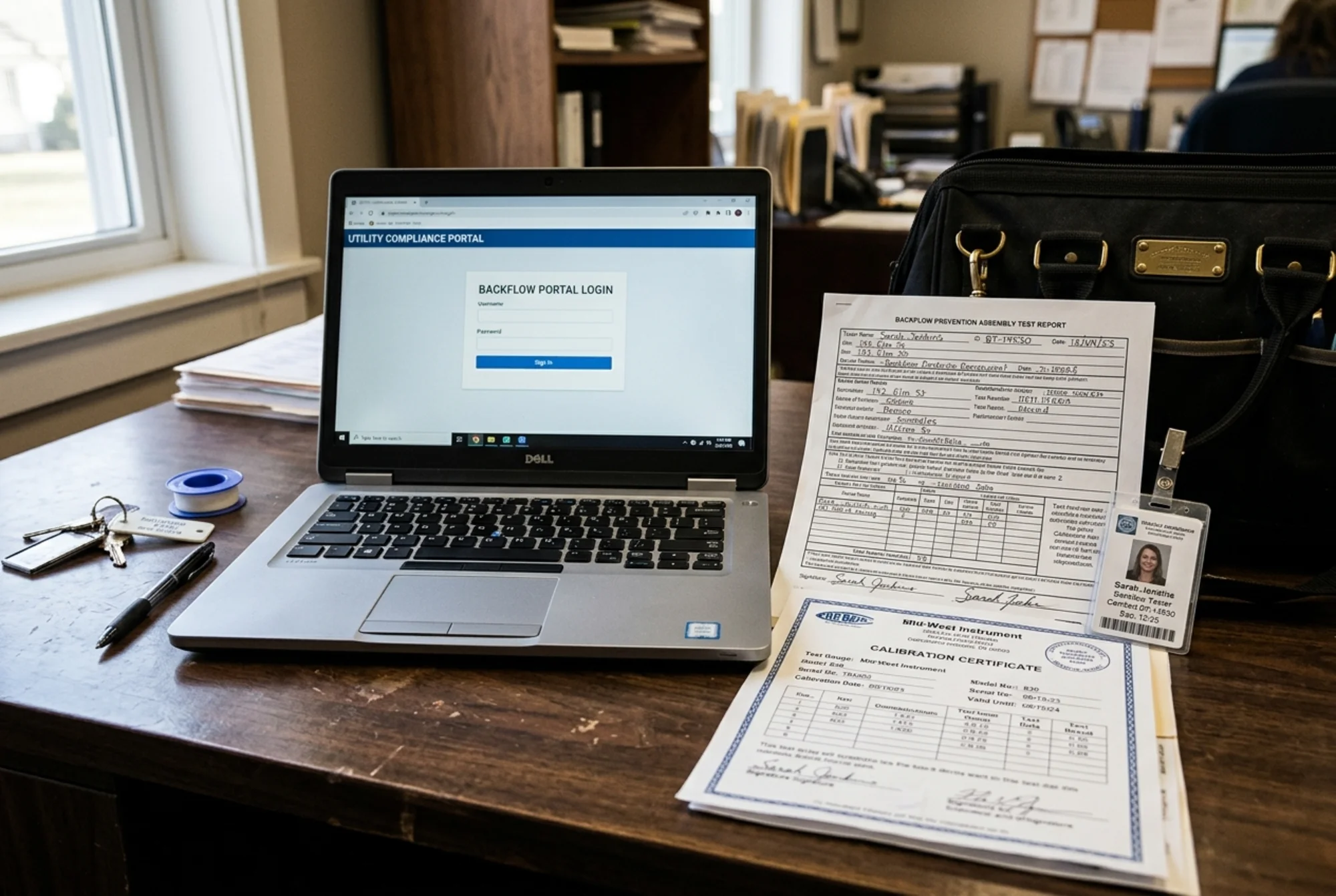 Laptop showing a utility portal login beside a printed backflow test form, tester ID badge, and calibration certificate on a desk
