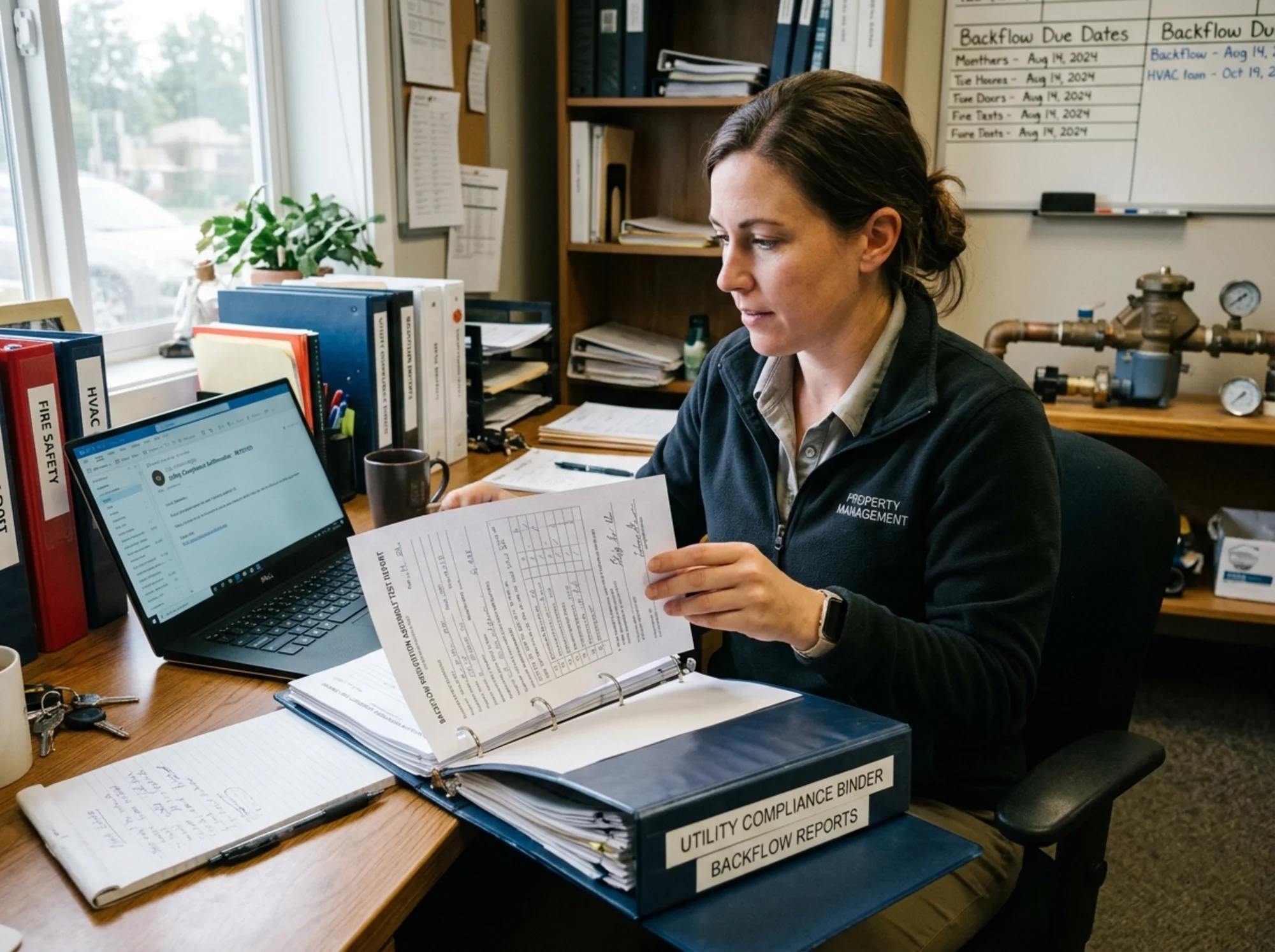 Property manager filing a completed backflow report into a labeled compliance binder while checking an emailed utility confirmation on screen