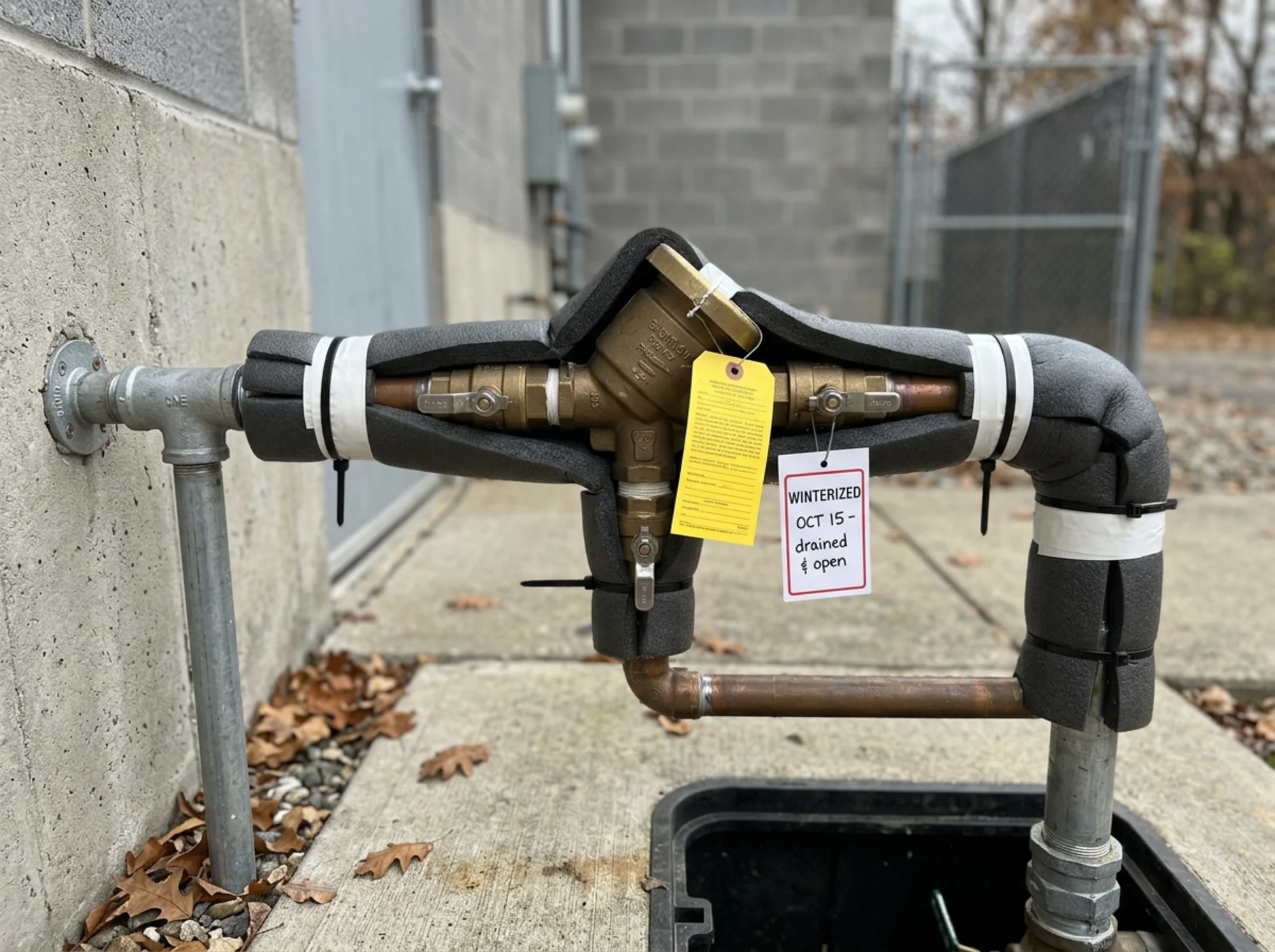Properly winterized backflow preventer with insulation, open test cocks, and visible winterization t